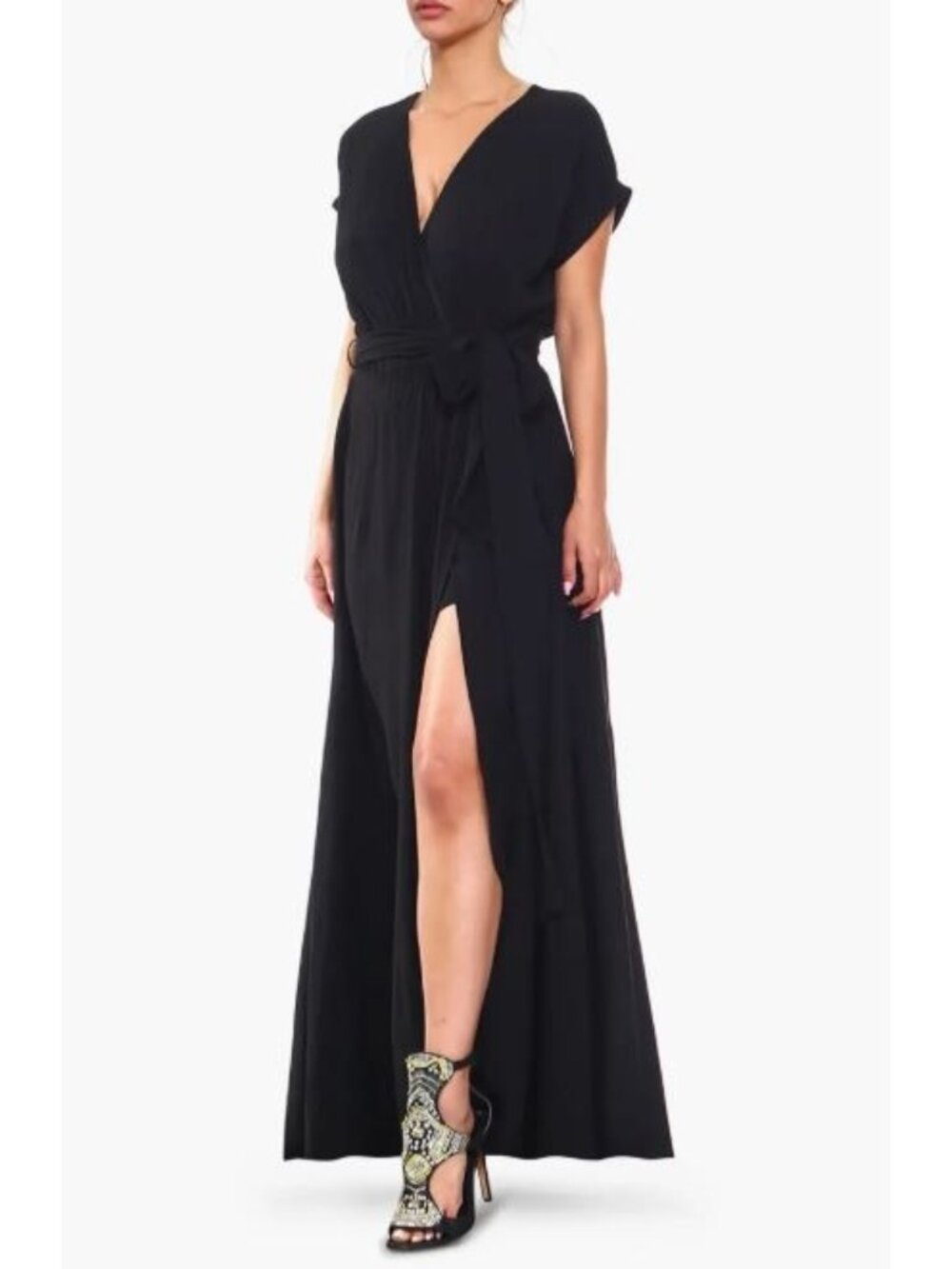 NWT Meghan Women's Black Jazmin Wrap Cap Sleeves Maxi Dress Sz XL 2335 - Picture 4 of 16